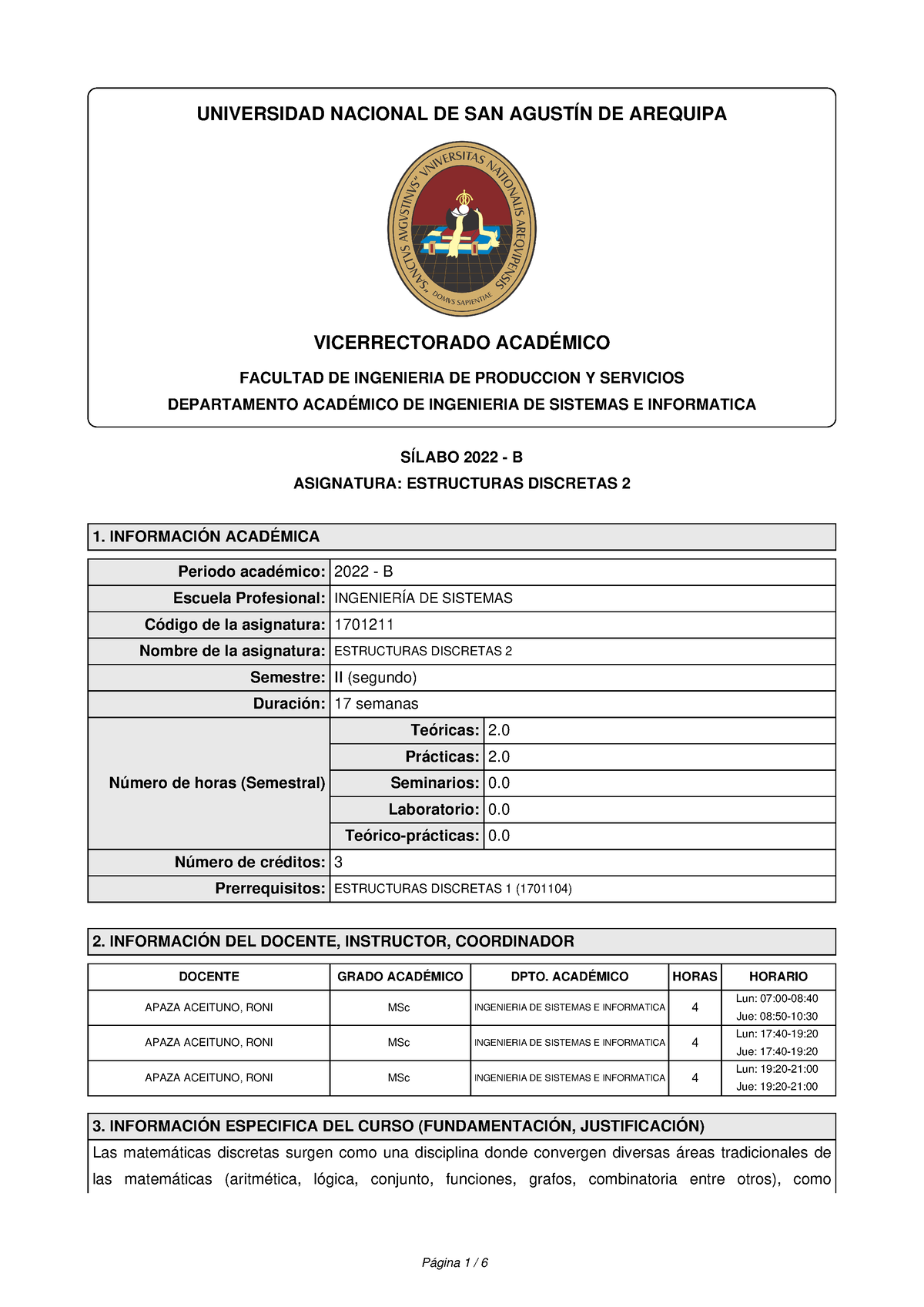 Silabo-1701211- Estructuras Discretas 2 (2022-B) - UNIVERSIDAD NACIONAL ...