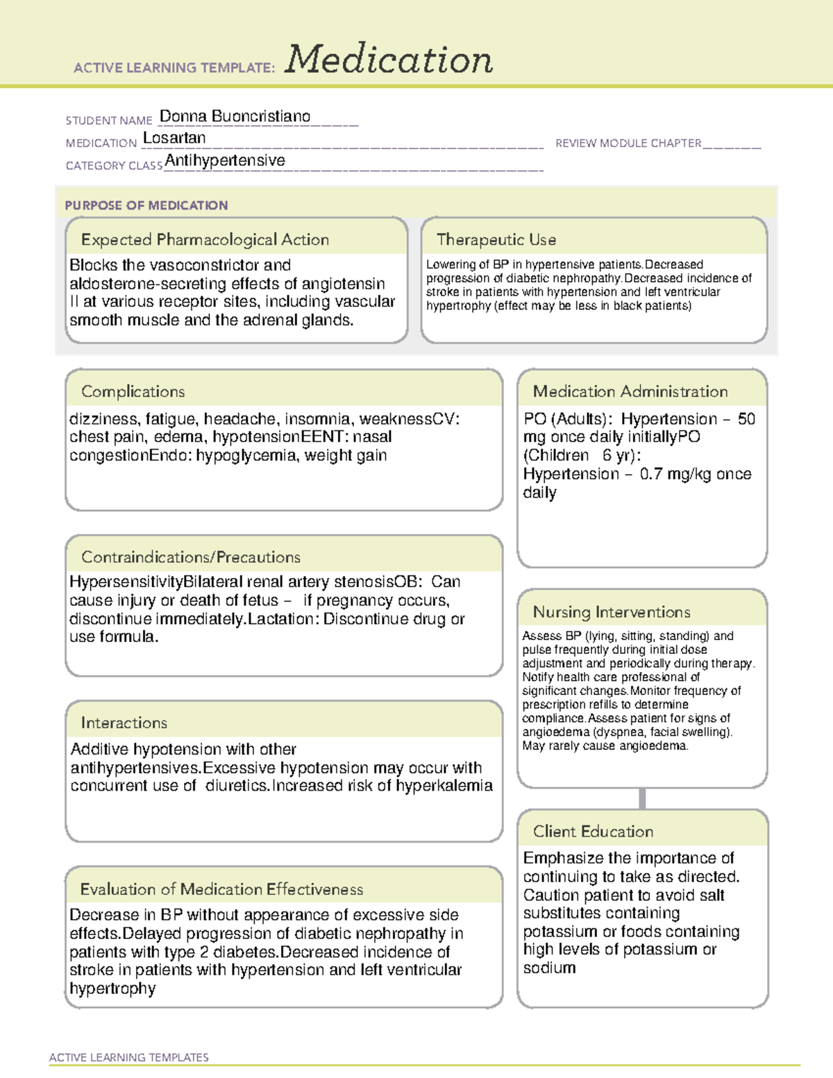 Losartan - meds - ACTIVE LEARNING TEMPLATES Medication STUDENT NAME ...