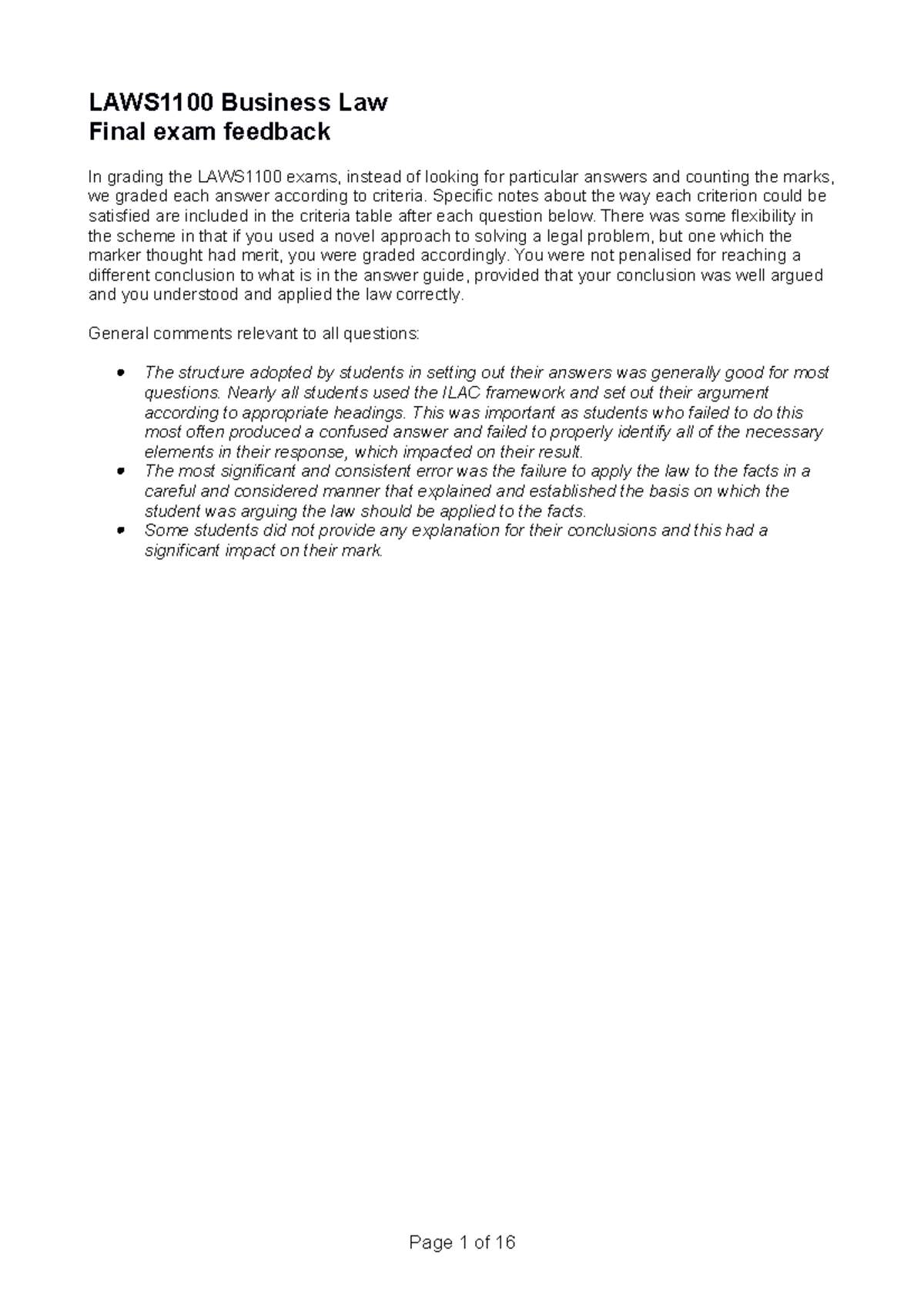 Final exam January 2014, answers - LAWS1100 Business Law Final exam ...