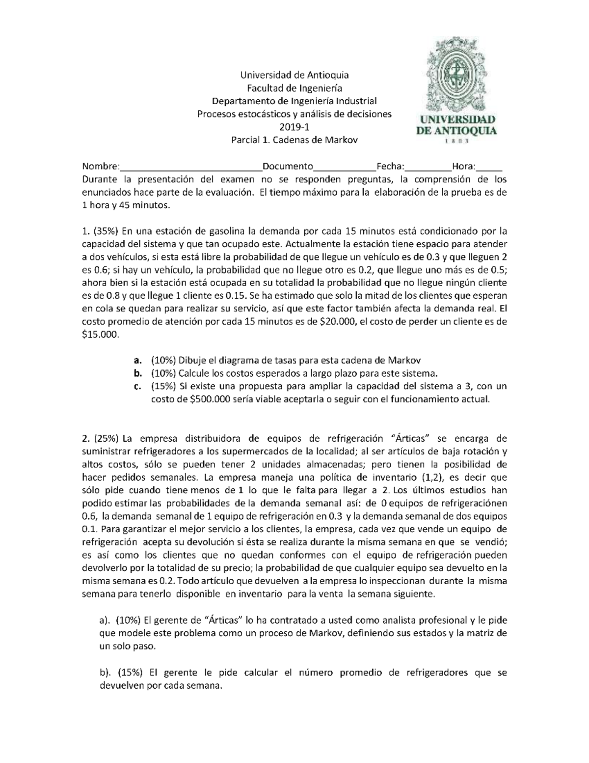 Procesos Estocásticos Y Análisis De Decisiones Parcial 1 - Análisis I ...