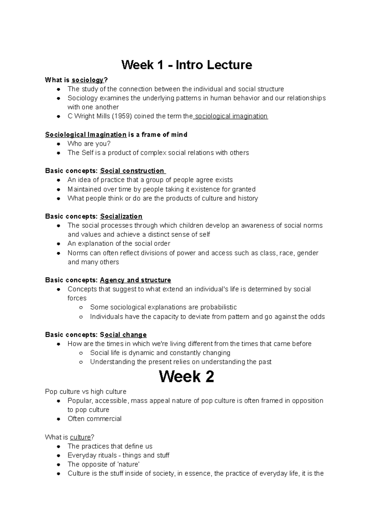 Pop Culture Lecture Notes - Week 1 - Intro Lecture What is sociology ...