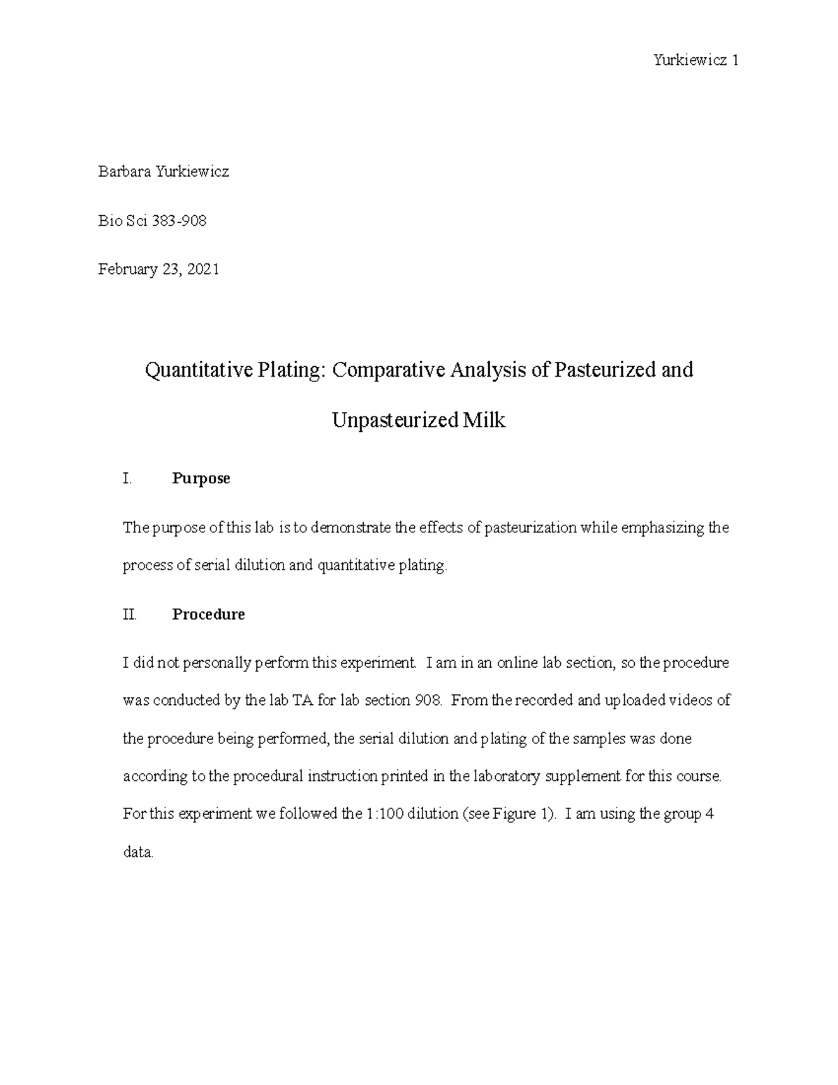 Quantitative lab report Barbara Yurkiewicz Bio Sci 383 February 23