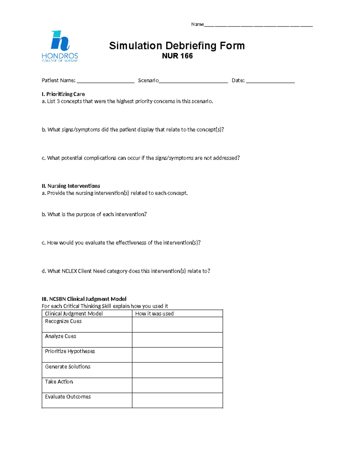 NUR 166 Simulation Debriefing Form 02232023 - Simulation Debriefing ...