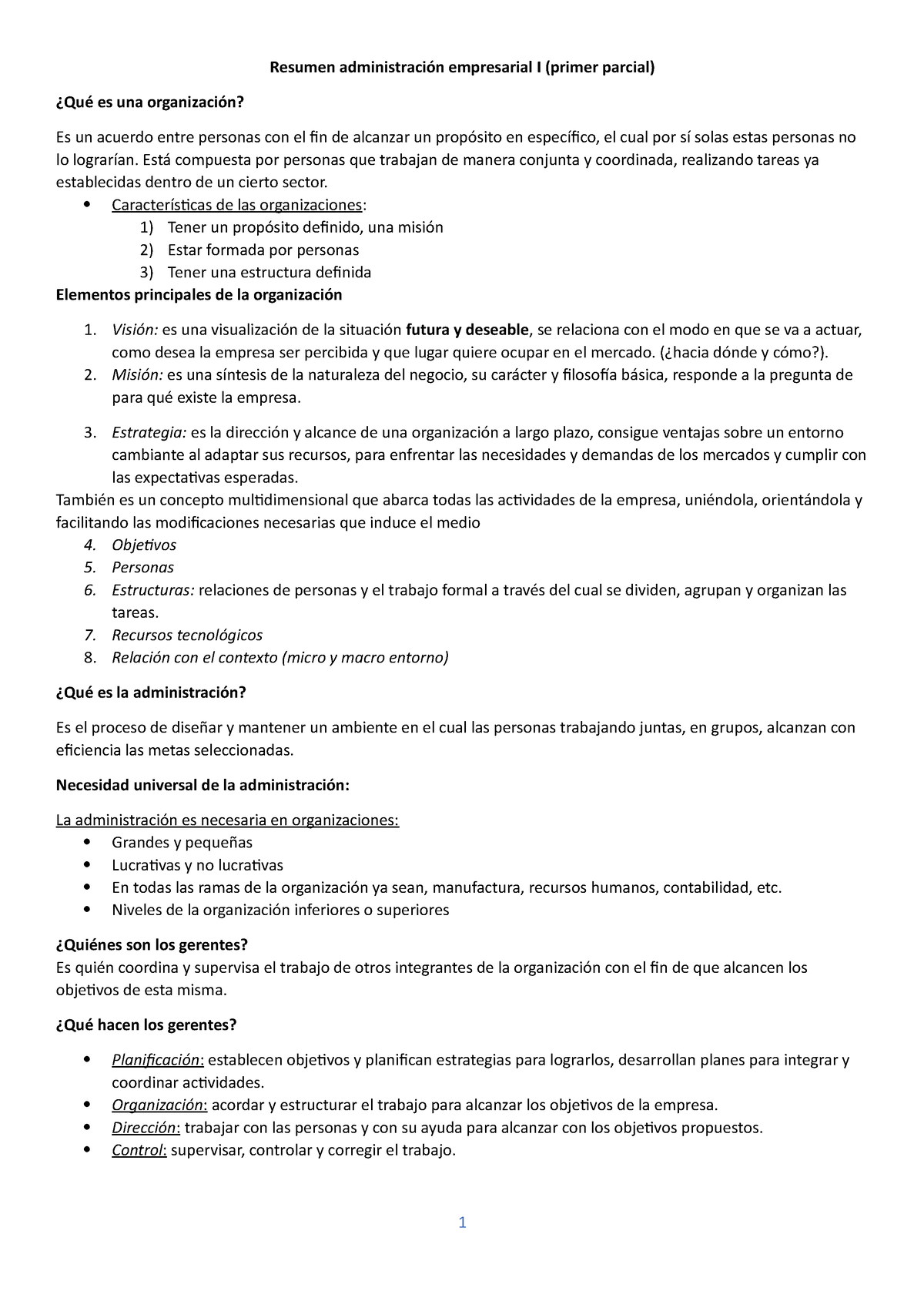 Resumen Adm Parcial 1 - Resumen Administración Empresarial I (primer ...