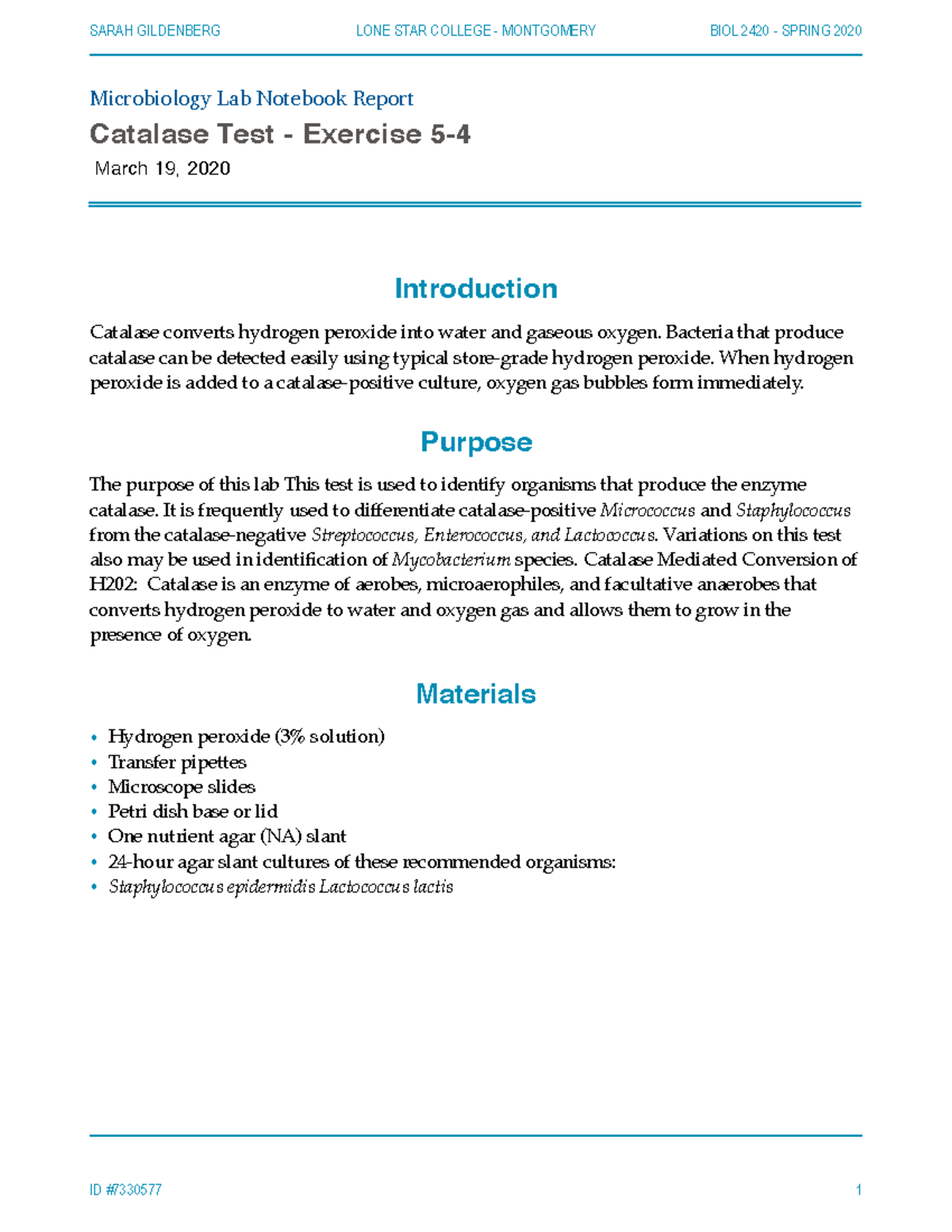 Complete Catalase Lab - lab - SARAH GILDENBERG LONE STAR COLLEGE ...