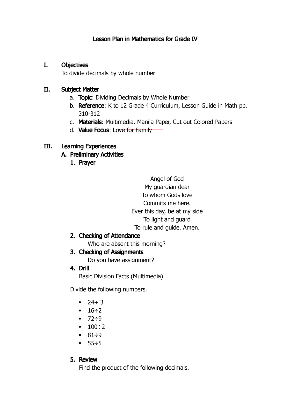 Lesson Plan in Mathematics for Grade IV Demo Fl - Lesson Plan in ...