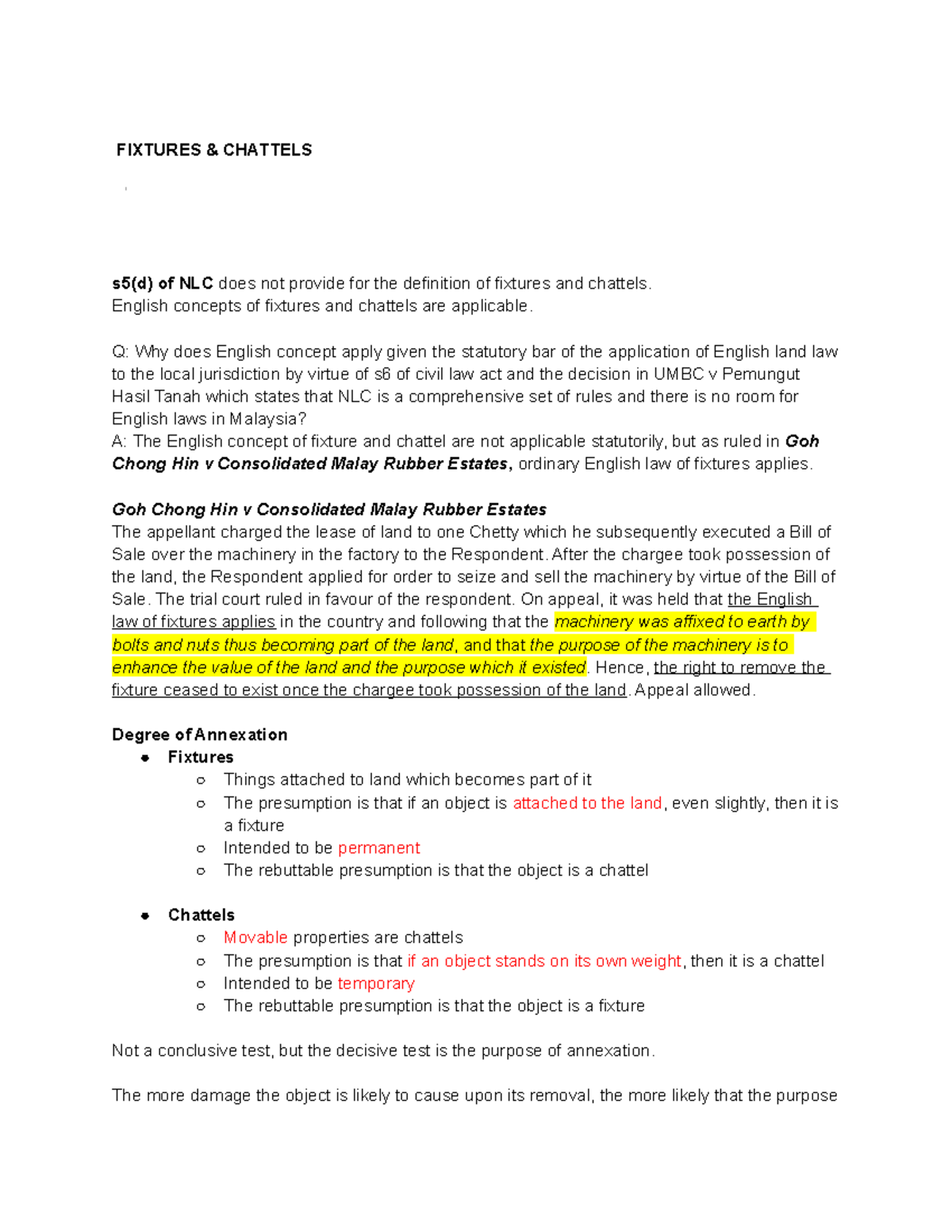 LAND LAW I FIXTURES AND CHATTELS FIXTURES & CHATTELS s5(d) of NLC does not provide for the