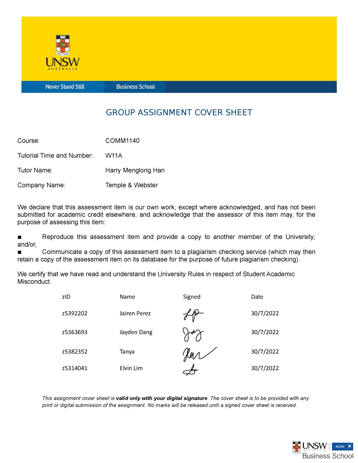 usyd group assignment cover sheet