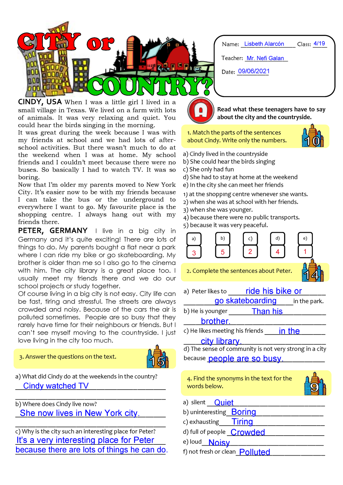 ESL Movers Reading and Writing Part 1 Worksheet (Countryside