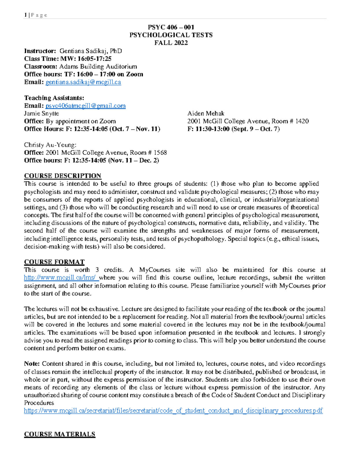 Course outline PSYC 406-001 - Copy - PSYC 406 – 001 PSYCHOLOGICAL TESTS ...