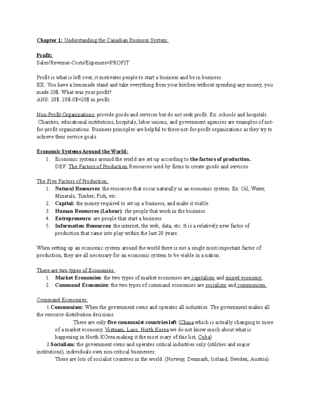 BUSI 1000 Notes - Chapter 1: Understanding the Canadian Business System ...