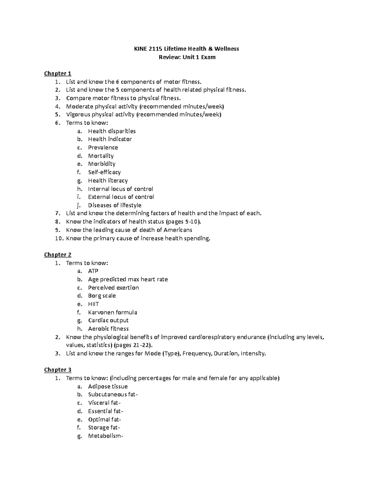 Unit 1 Exam Review just studying KINE 2115 Lifetime Health