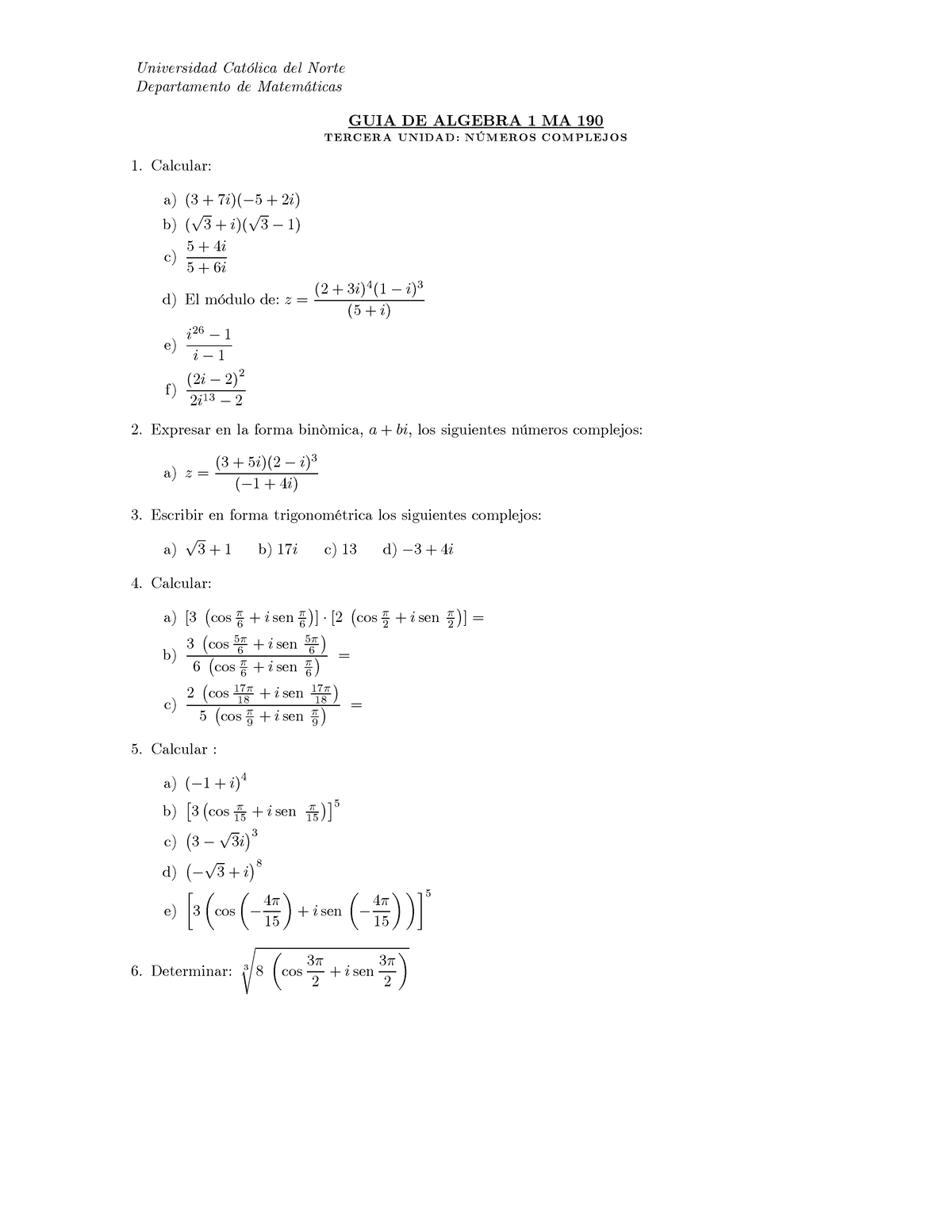 Guia 5 Algebra 1 Ma 190 Complejos Algebra Ucn Studocu