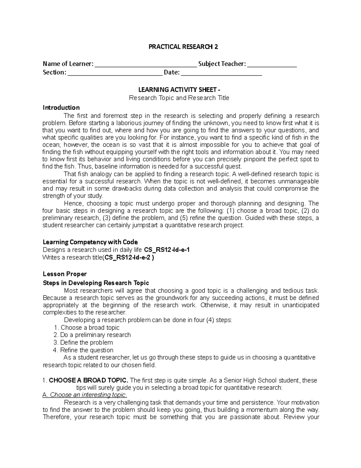 LAS 4 - can be used by class notes - PRACTICAL RESEARCH 2 Name of ...