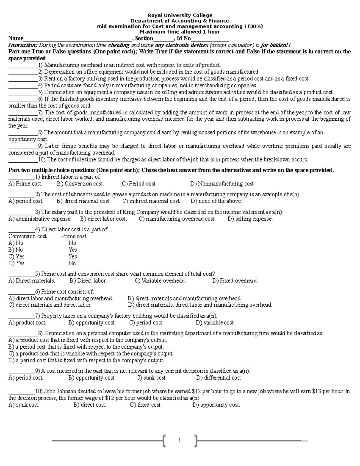 New Cost (I) Mid Exam its cost lecture note Royal University