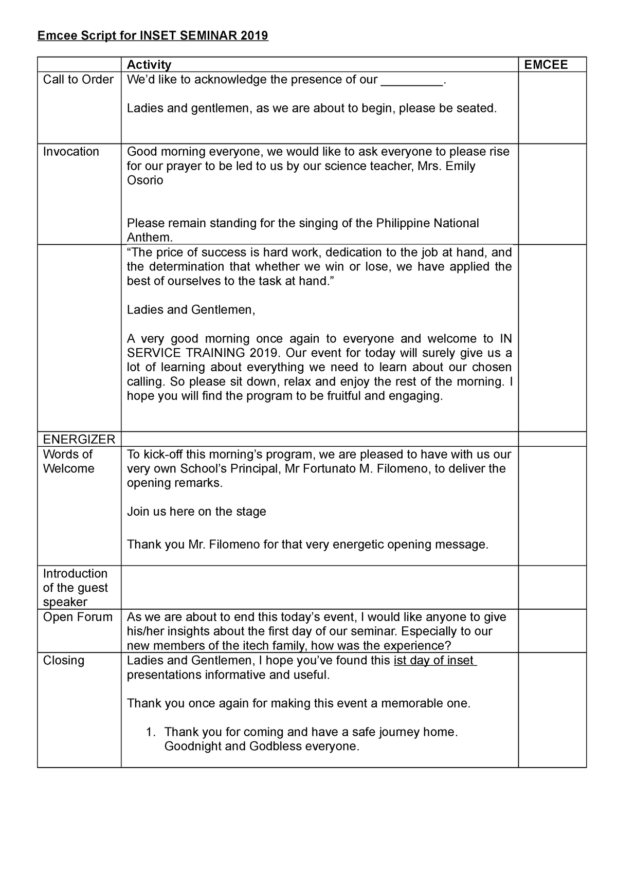 Masters Of Ceremony Sample Script Emcee Script For INSET SEMINAR 2019 