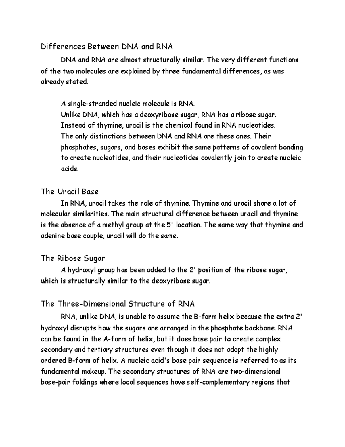 Rna rna notes differences between dna and rna dna and rna are