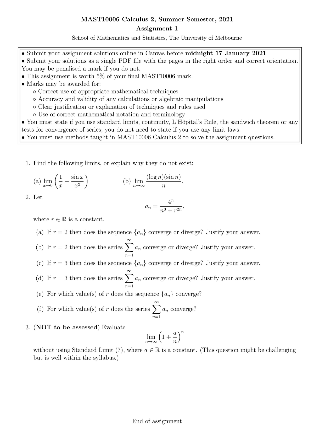 Assignment 1 ass 1 MAST10006 Calculus 2, Summer Semester, 2021