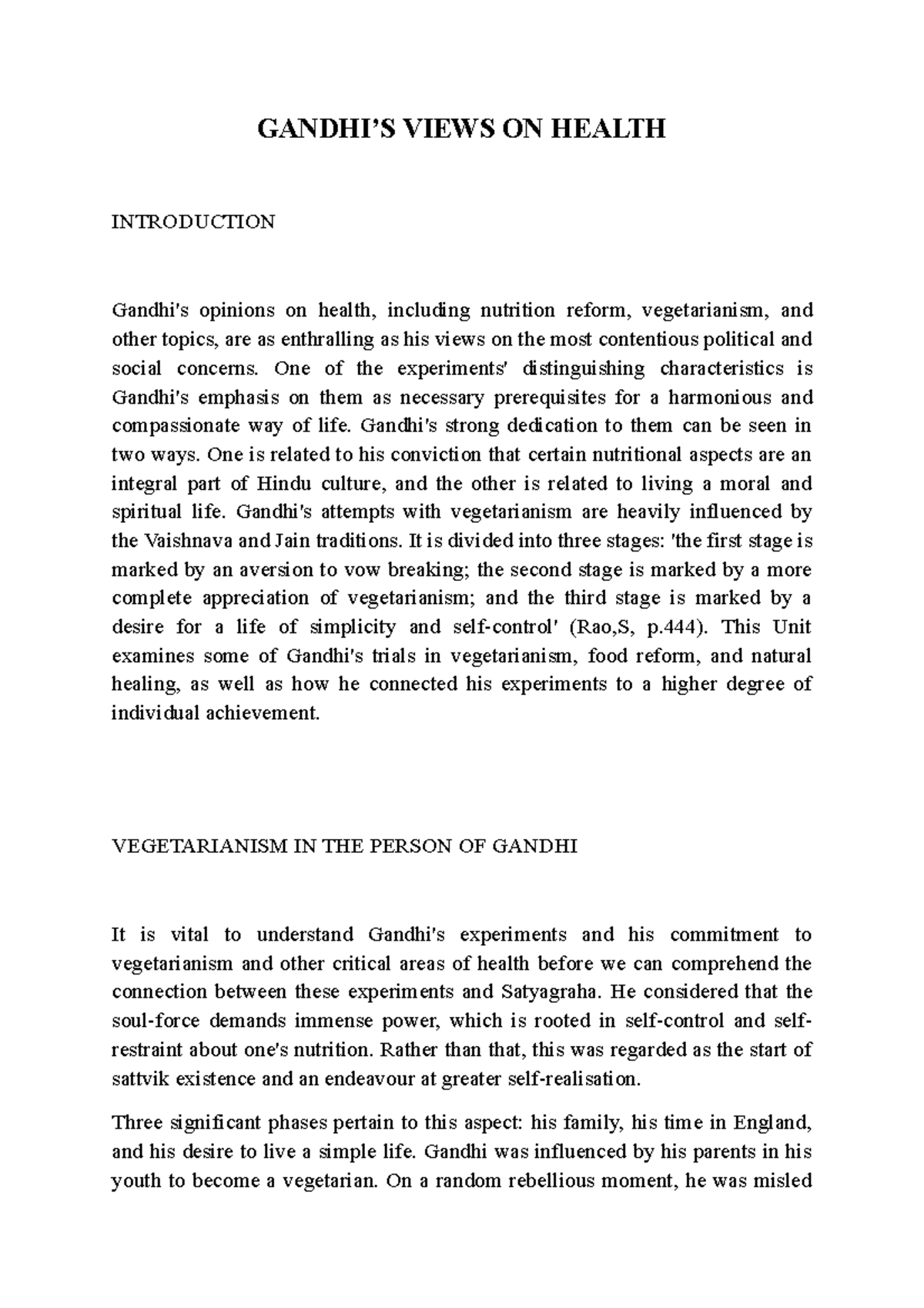 Gandhi’S Views ON Health - GANDHI’S VIEWS ON HEALTH INTRODUCTION Gandhi ...