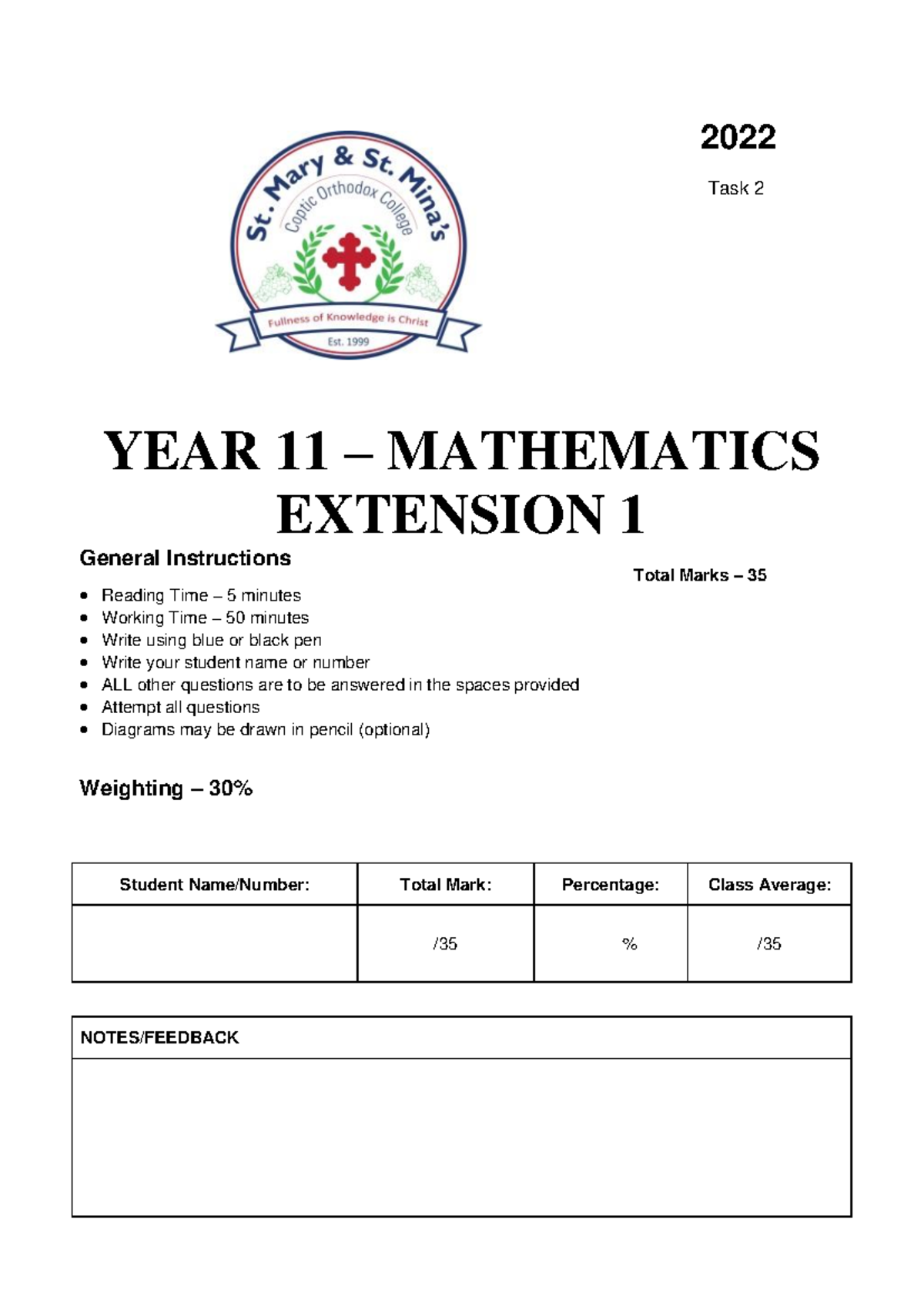 Y11 Ext1 Task 2 2022 - Smsm 2022 - 2022 Task 2 YEAR 11 – MATHEMATICS ...