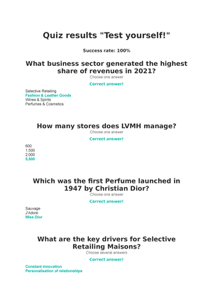 LVMH certificate - LVMH - module 1 LVMH and the luxury industry 1. Select  the sectors that are part - Studocu