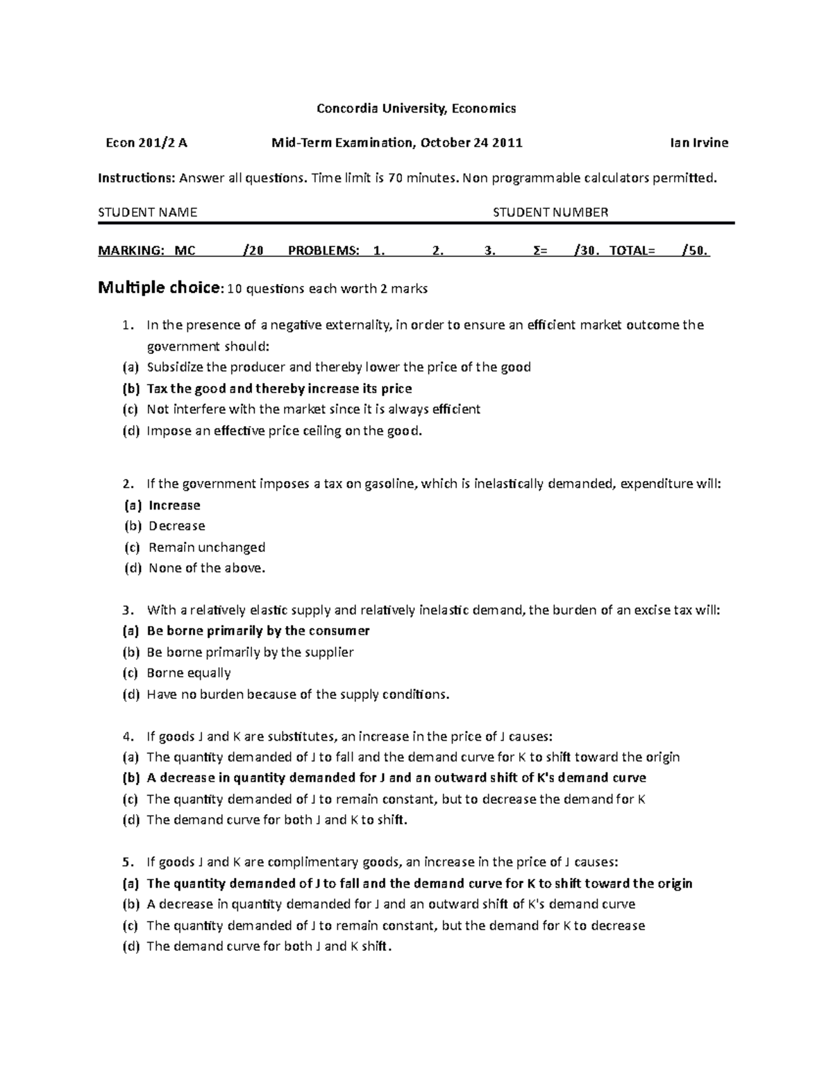 Past Exam Midterm - Concordia University, Economics Econ 201/2 A Mid ...