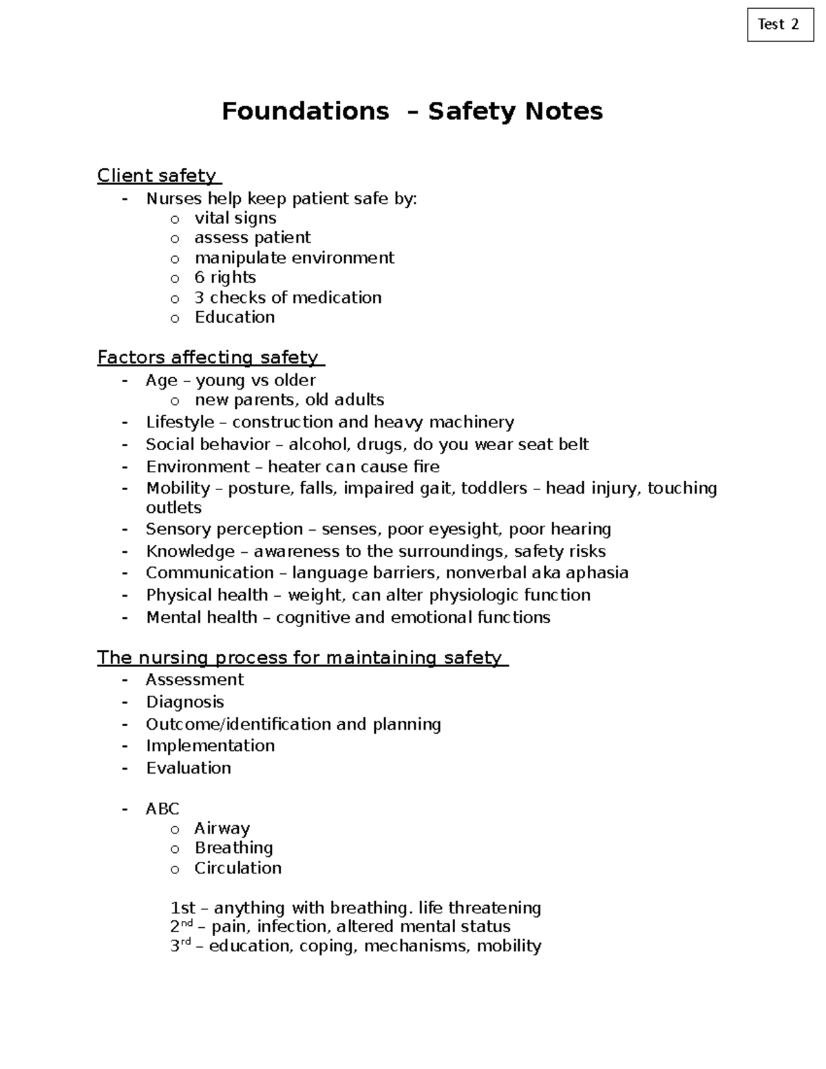 Notes - Test 2 - Safety - Foundations – Safety Notes Client safety ...