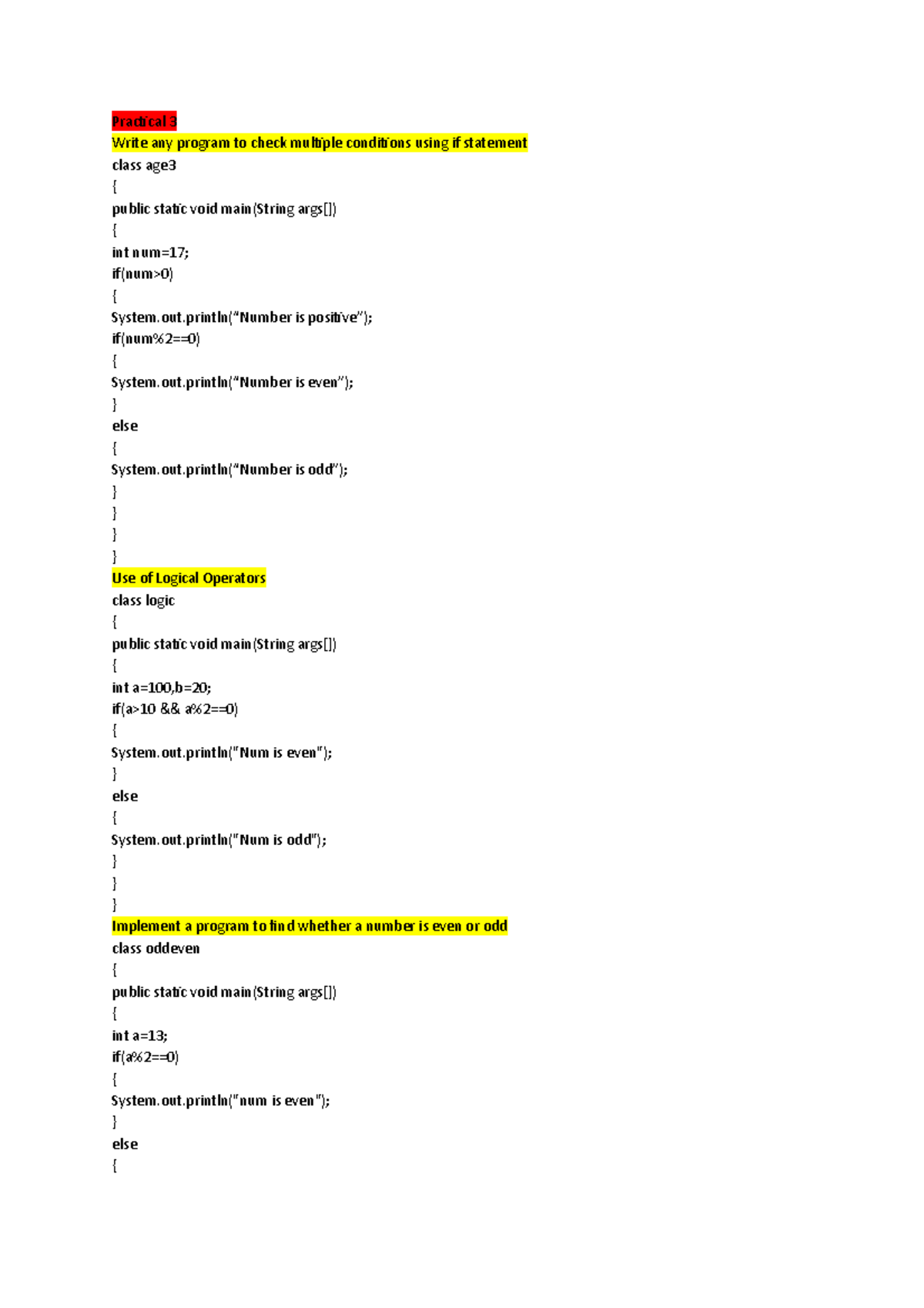 Java pr - Practical 3 Write any program to check multiple conditions ...