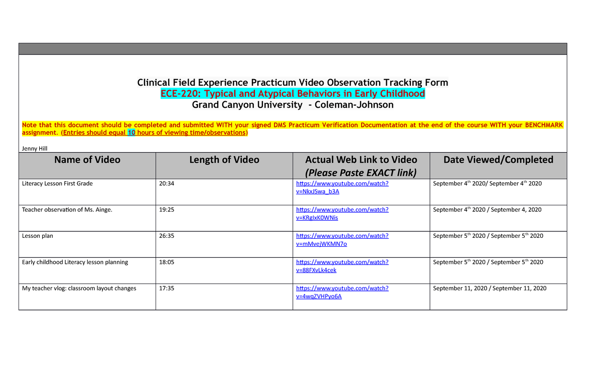 Clinical Field Experience Practicum Video Observation Tracking Form ...