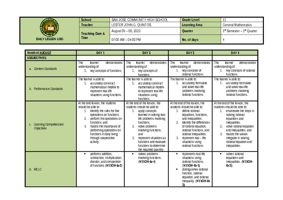 Week 2 General Mathematics - DAILY LESSON LOG School SAN JOSE COMMUNITY ...