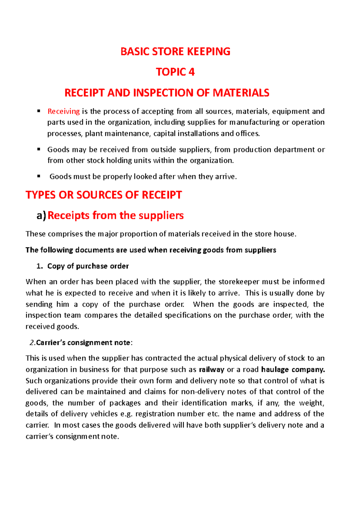 Basic Store Keeping Topic 4 BASIC STORE KEEPING TOPIC 4 RECEIPT AND
