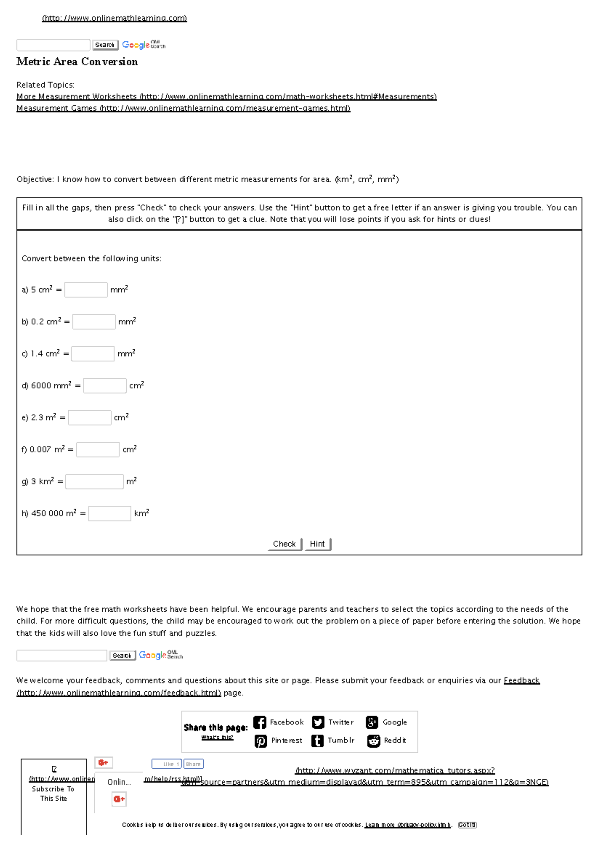Metric Area Conversion (Worksheets - Search Search