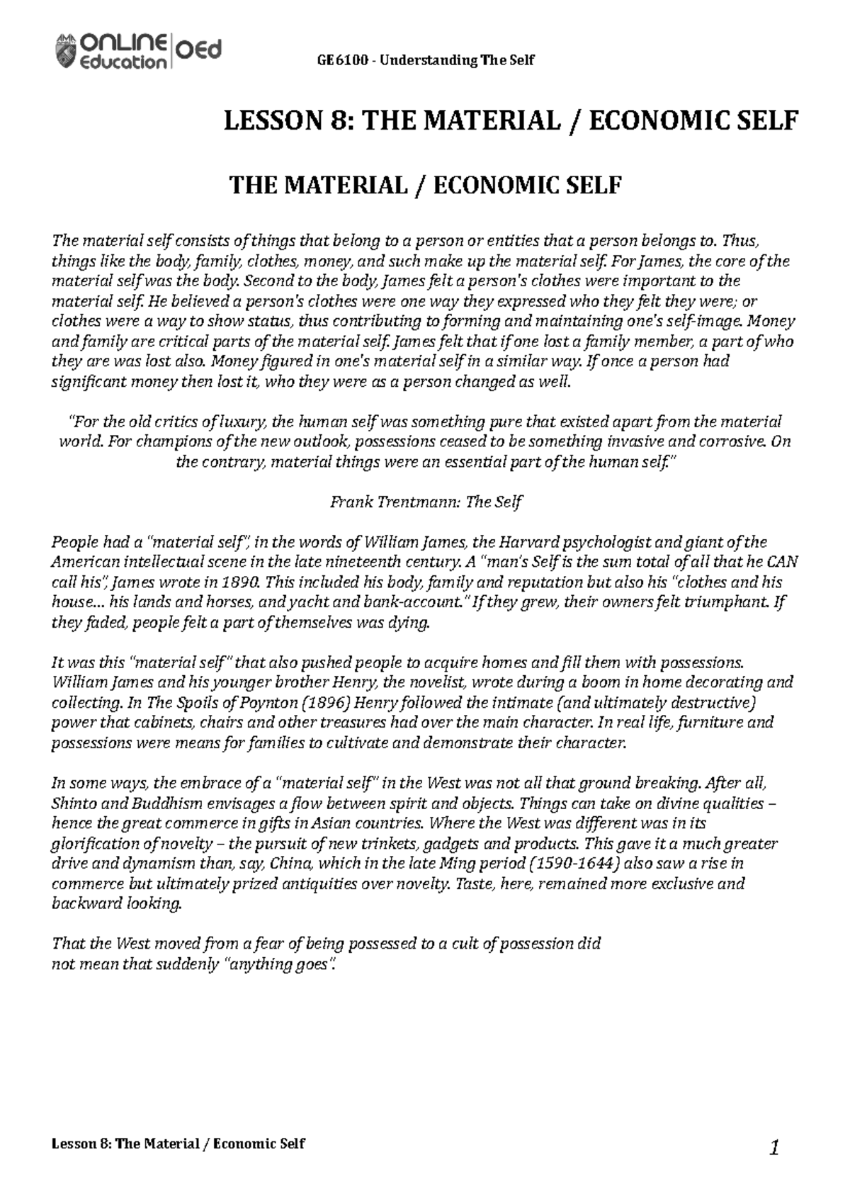 Lesson 8 The Material Economic Self GE6100 Understanding The Self