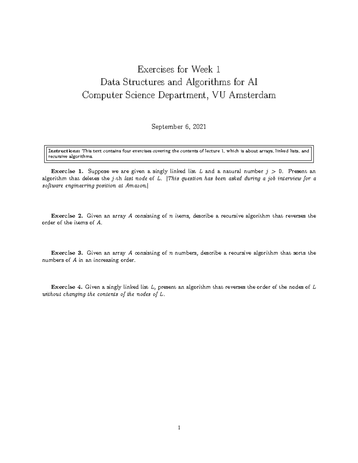 Exercises 1-2 - Exercise sheet - Exercises for Week 1 Data Structures ...