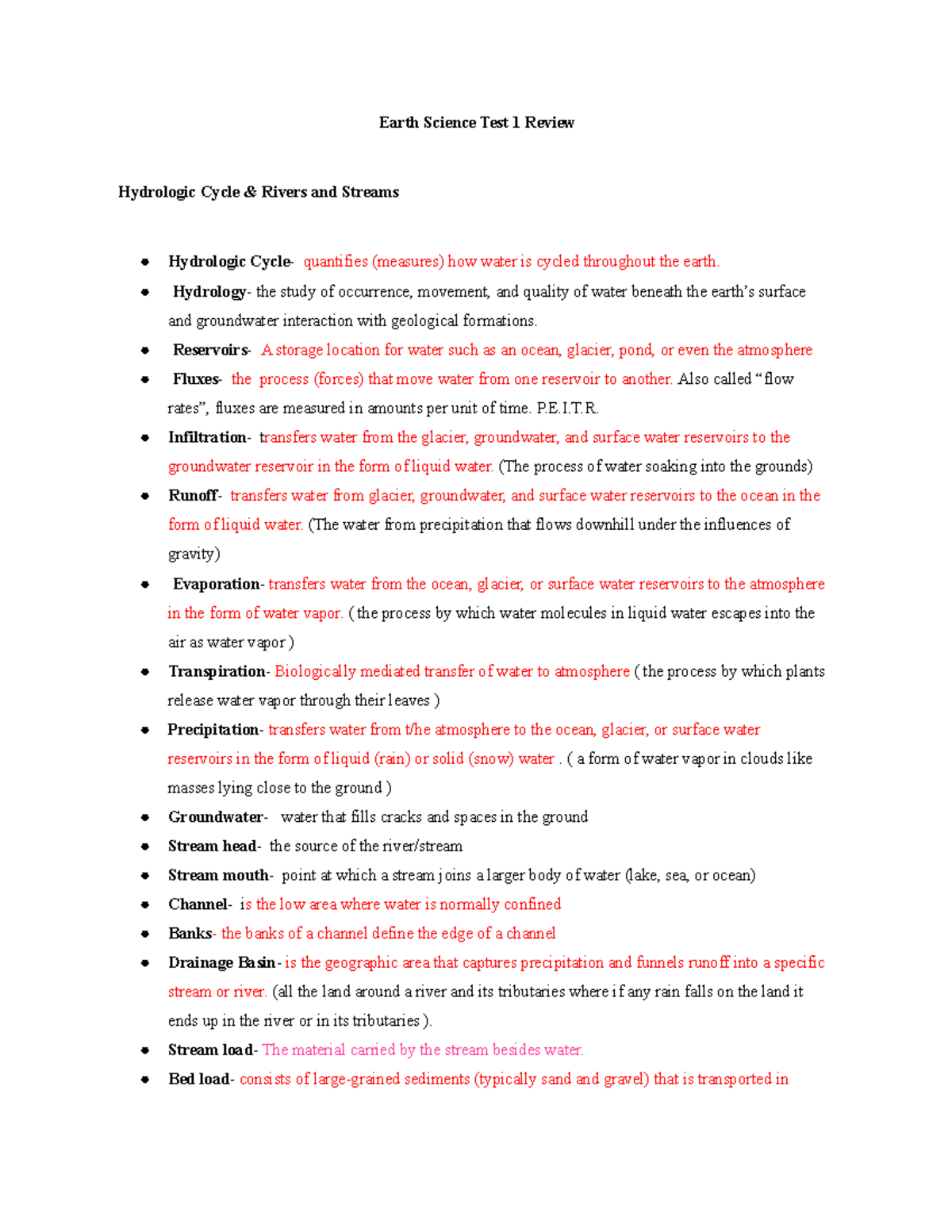 EPSC 1370 test 1 review - Earth Science Test 1 Review Hydrologic Cycle ...