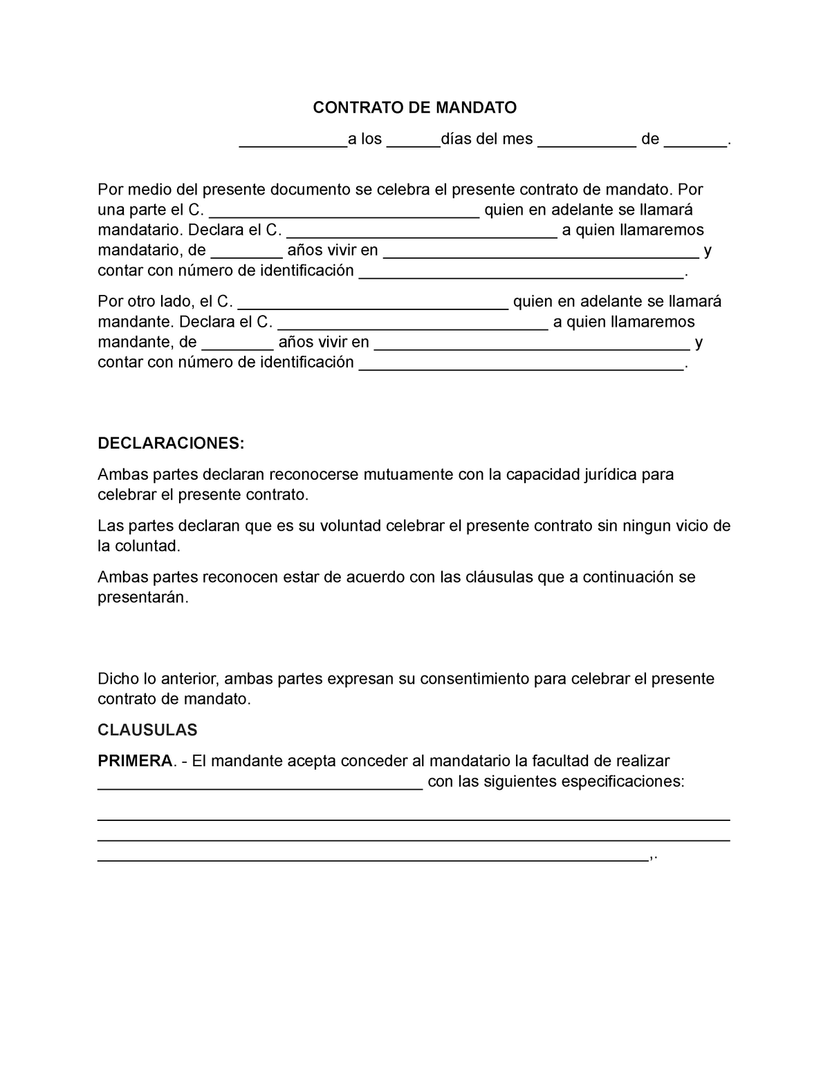 Formato de contrato de mandato - CONTRATO DE MANDATO ____________a los  ______días del mes - Studocu