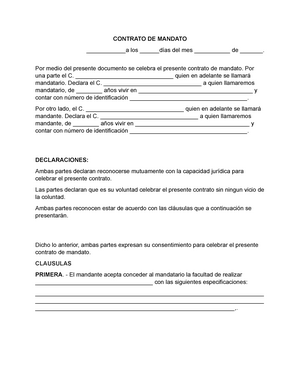 Formato de contrato de mandato - CONTRATO DE MANDATO ____________a los  ______días del mes - Studocu