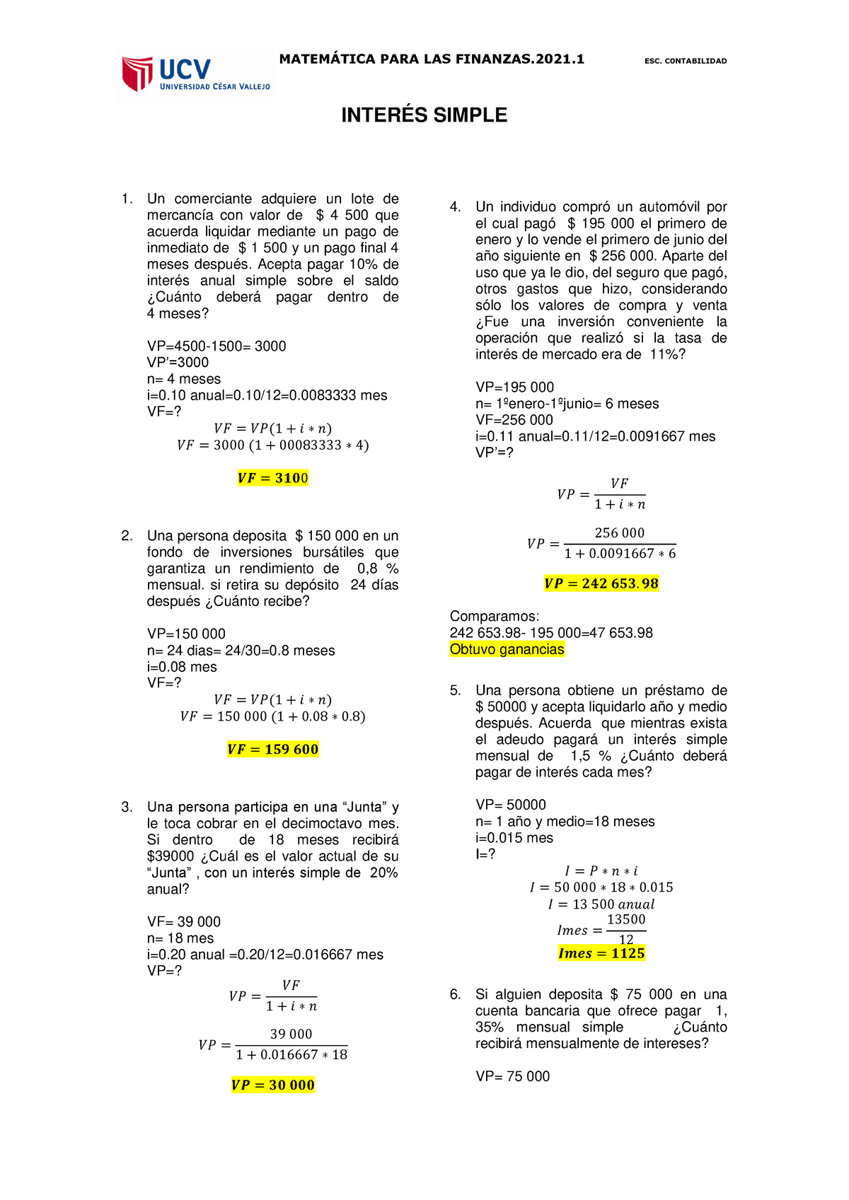 Interes Simple UCV - LOS EJERCICIOS RESUELTOS - INTERÉS SIMPLE Un ...