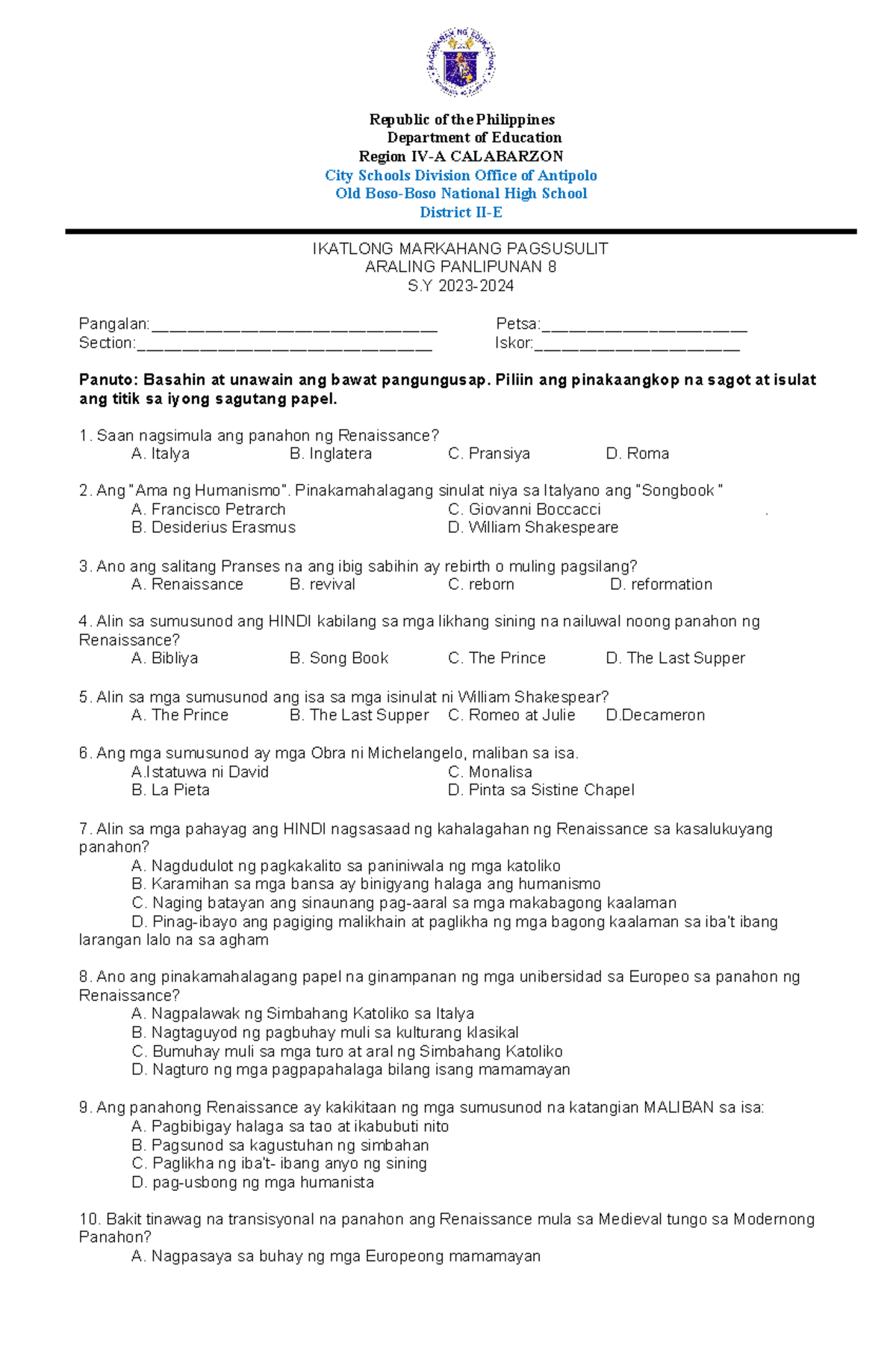 Ikatlong Markahang Pagsusulit - Republic of the Philippines Department ...