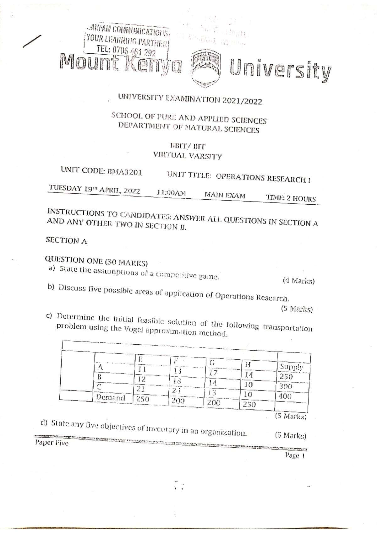 operations research question paper pdf