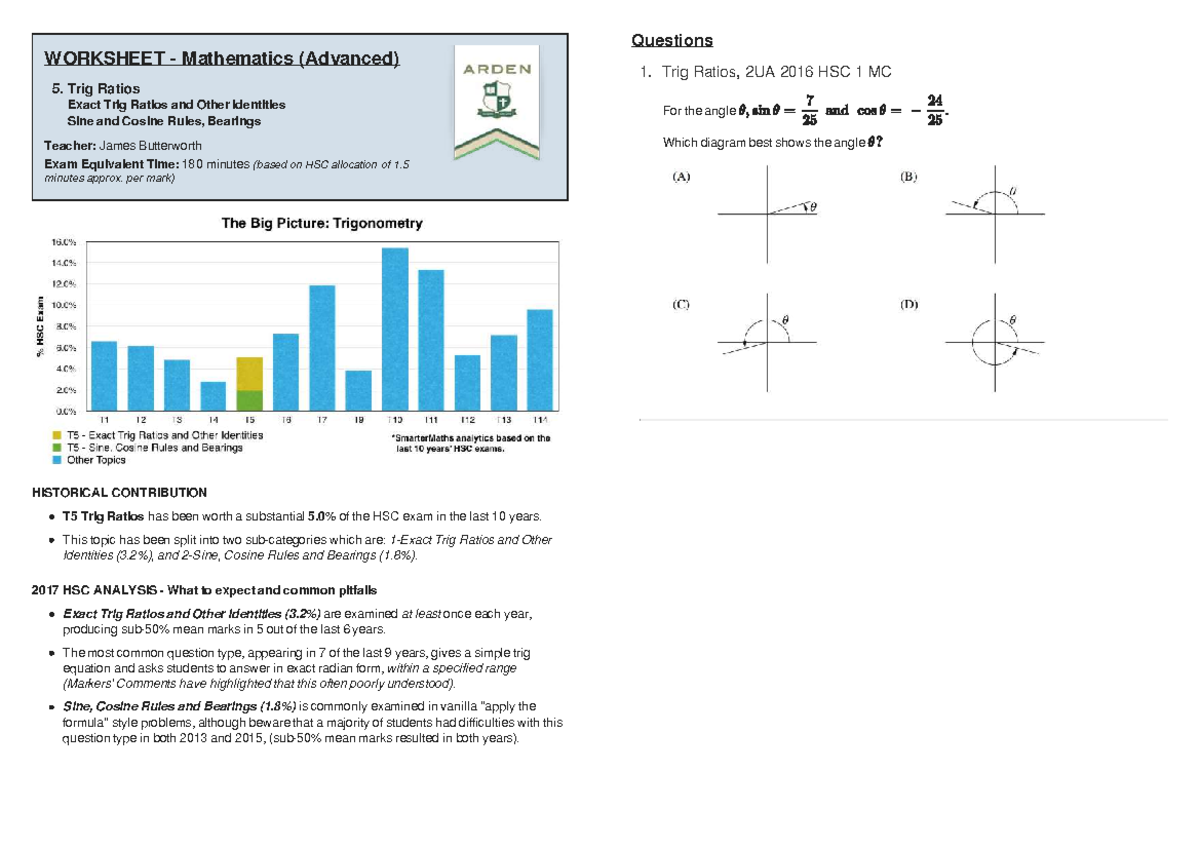 2019 MA Trigonometric Ratios Worksheet HSC Questions w solutions 1