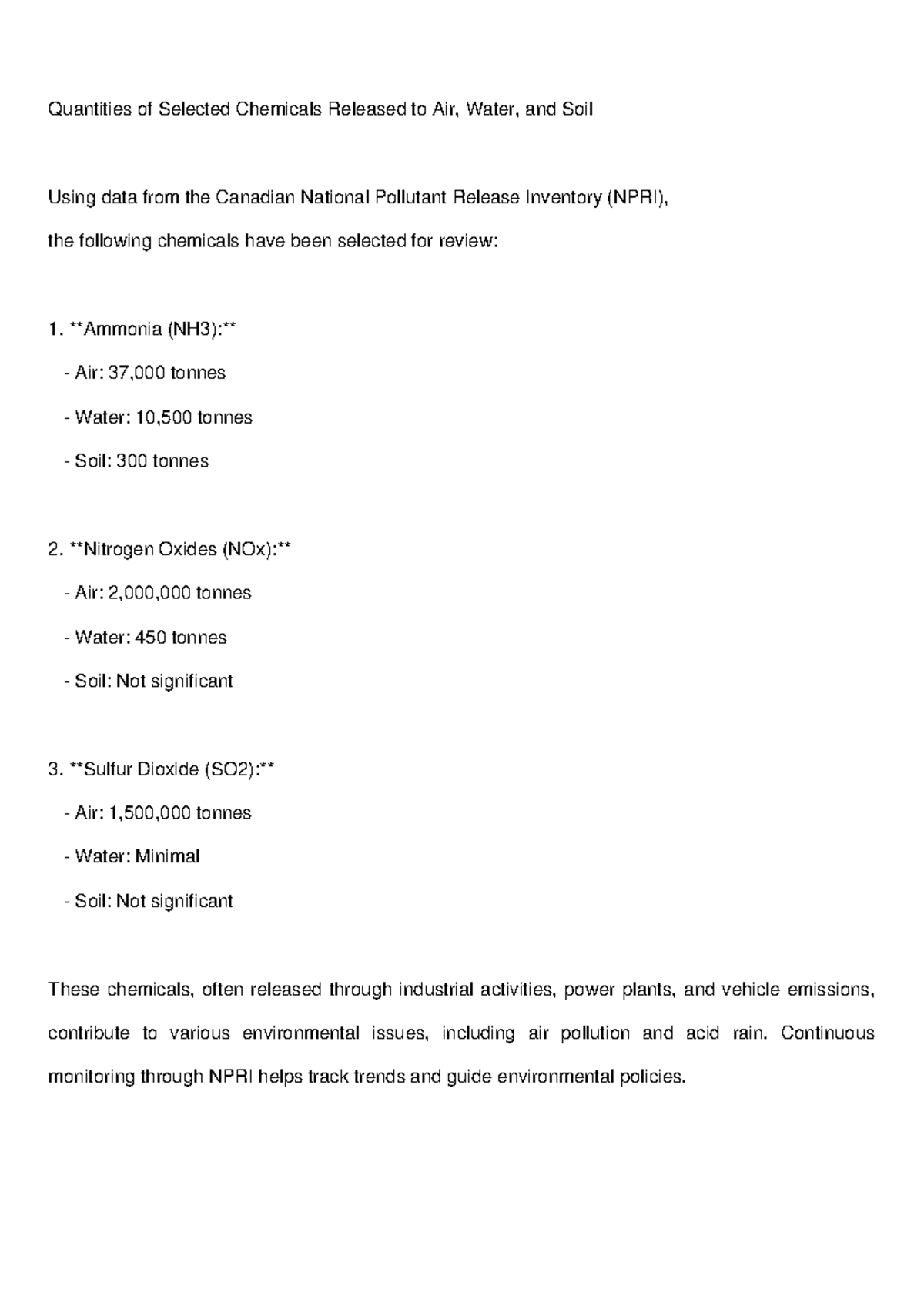 Chemicals Released Report - Quantities of Selected Chemicals Released ...
