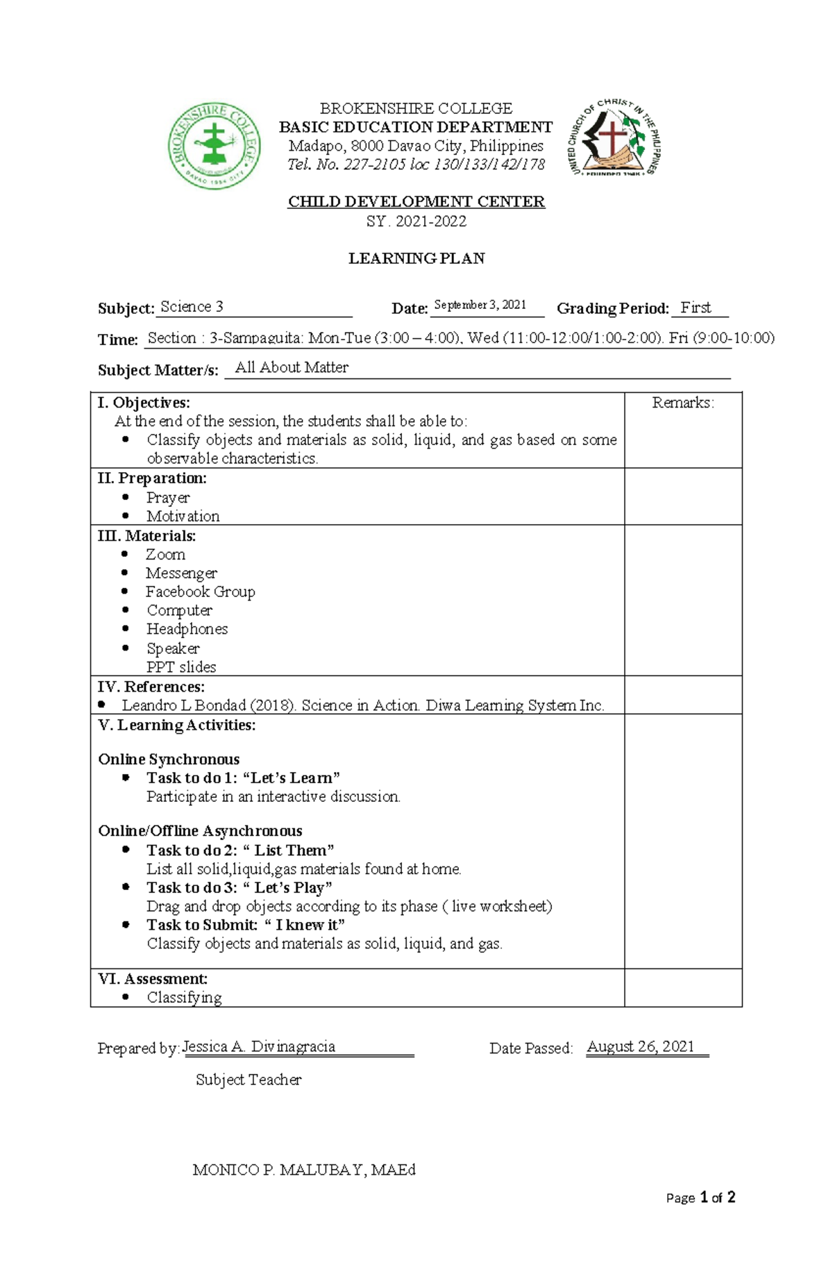 Q1 Science 3 WEEK2 Learning PLAN August 23 27 SY 21 22 - BROKENSHIRE ...