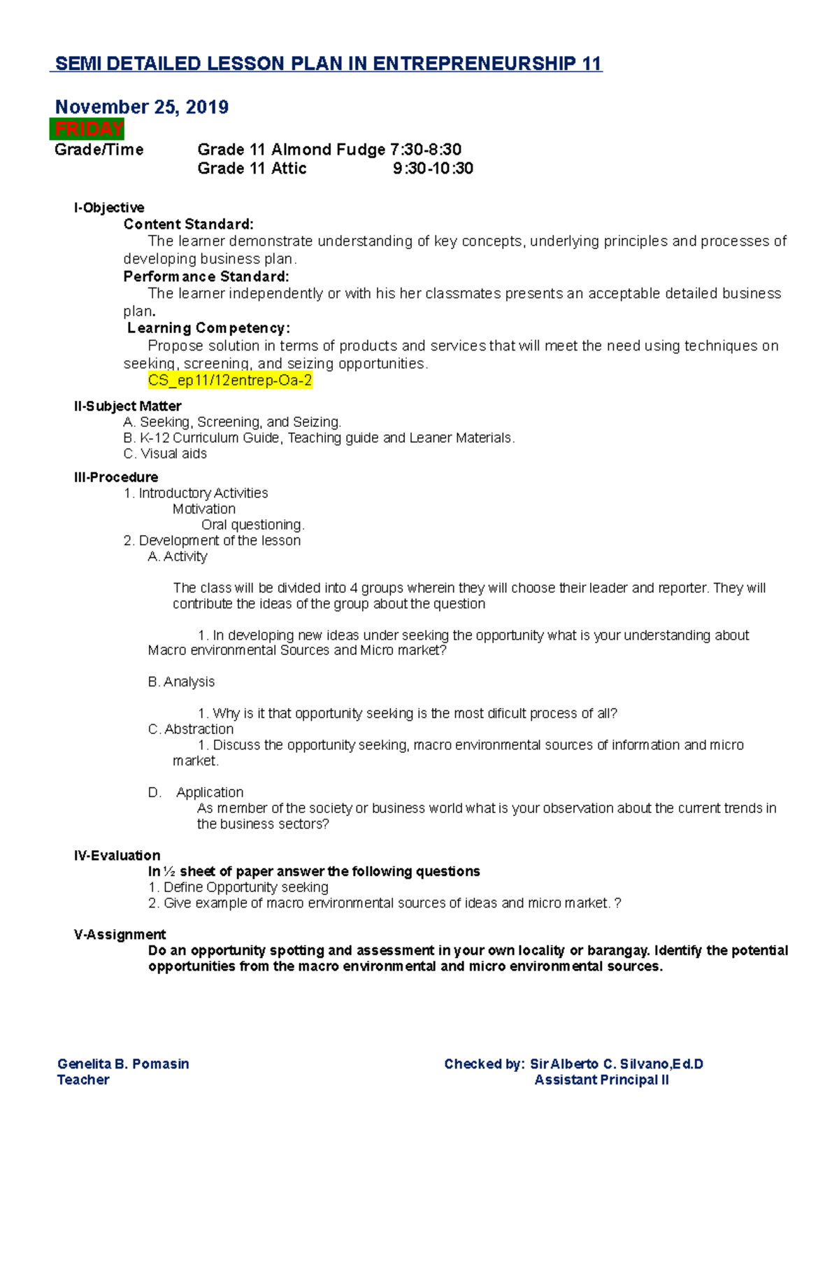 LP Entre 11-25 - discussion - SEMI DETAILED LESSON PLAN IN ...