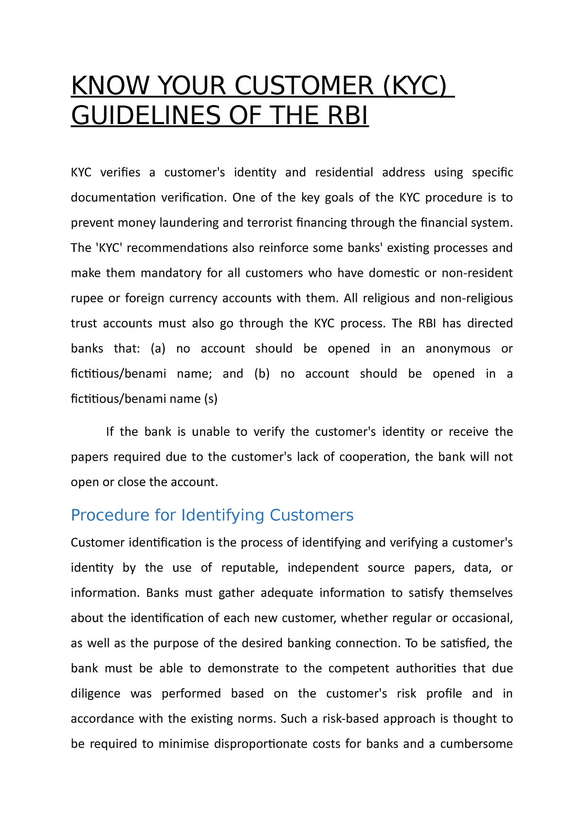 KNOW YOUR Customer (KYC) Guidelines OF THE RBI - KNOW YOUR CUSTOMER ...