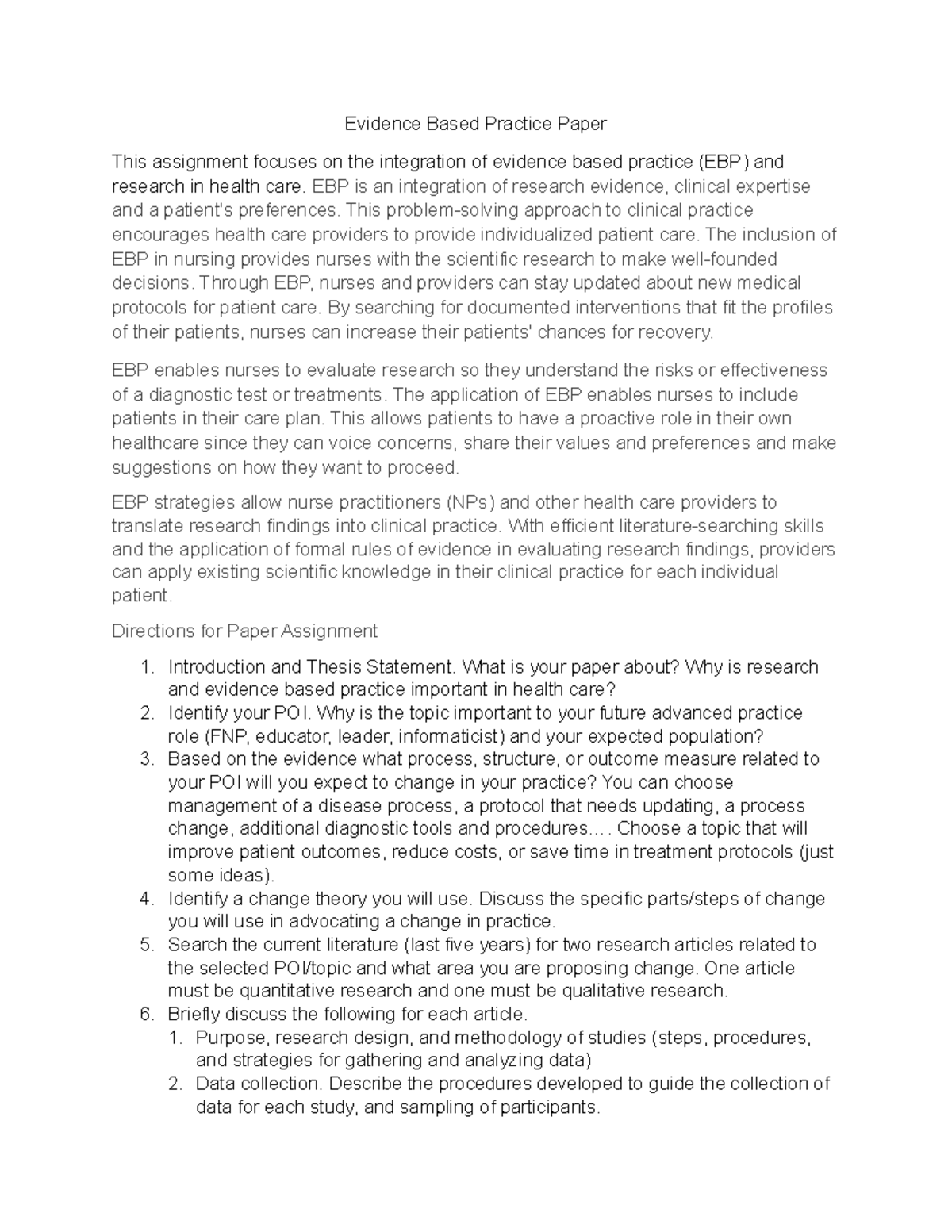 EBP Paper Instructions - Evidence Based Practice Paper This assignment ...