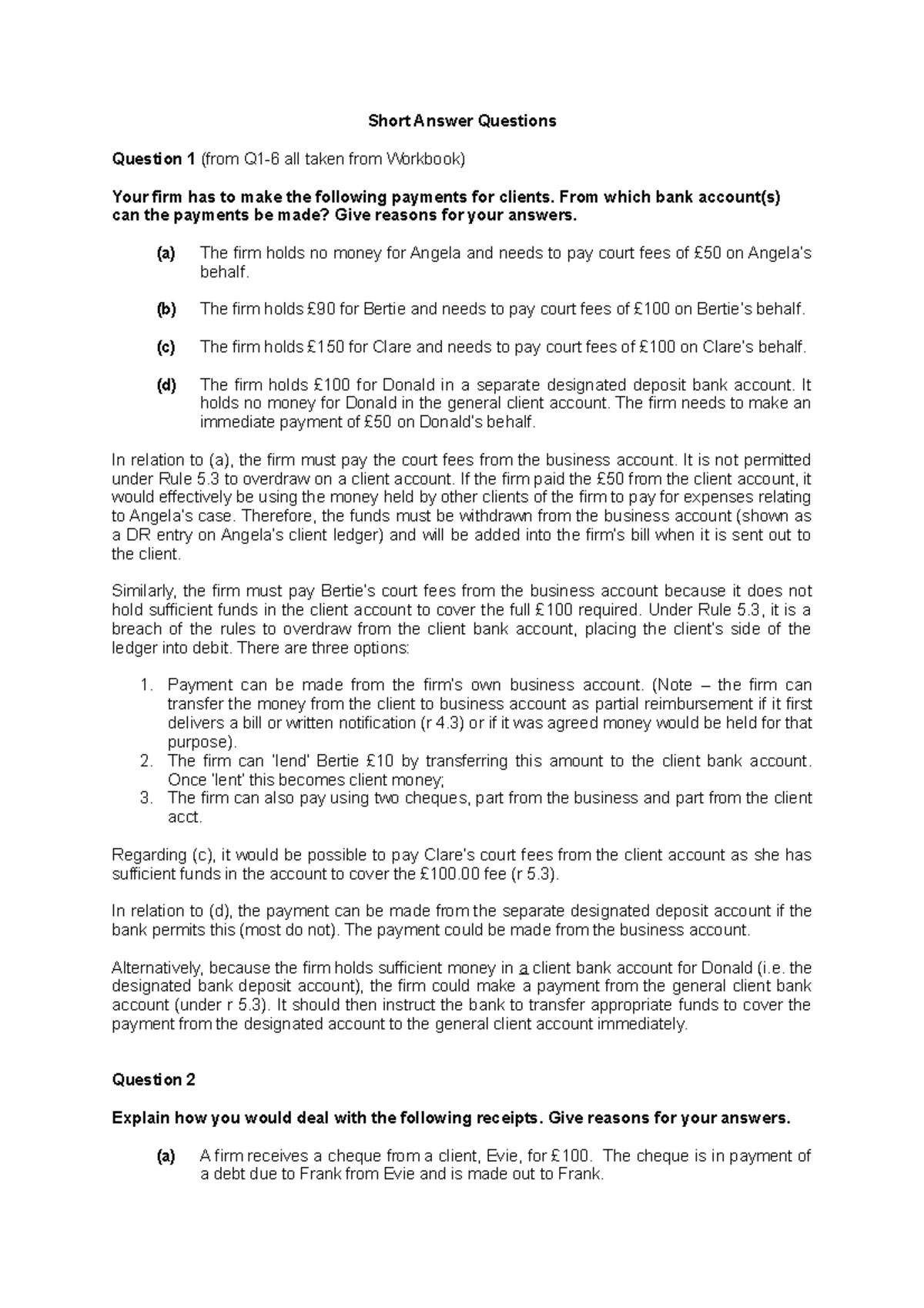 Solicitors Accounts Short Answer Questions Crib Sheet Short Answer