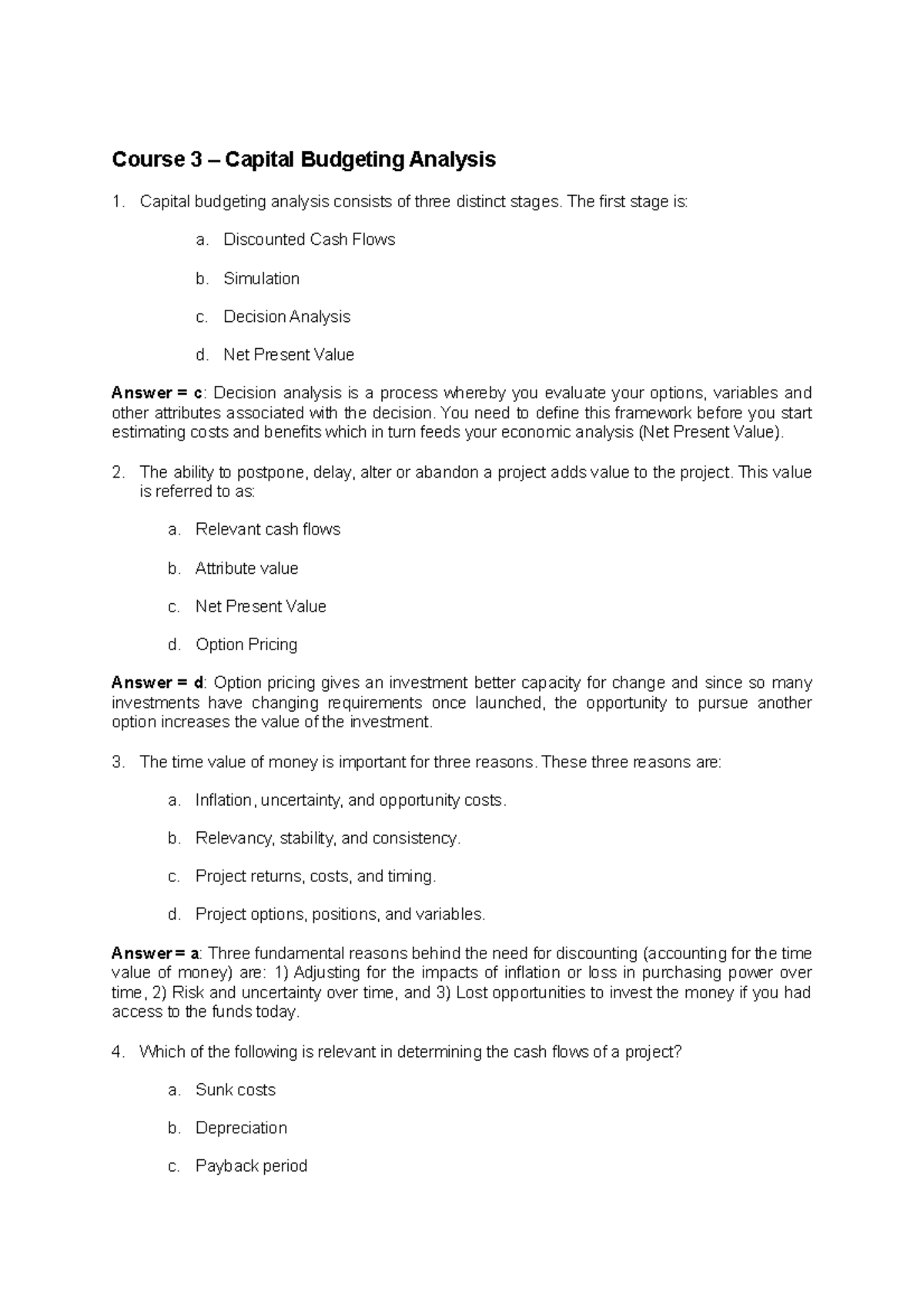 Course 3 – Capital Budgeting Analysis - Course 3 – Capital Budgeting ...