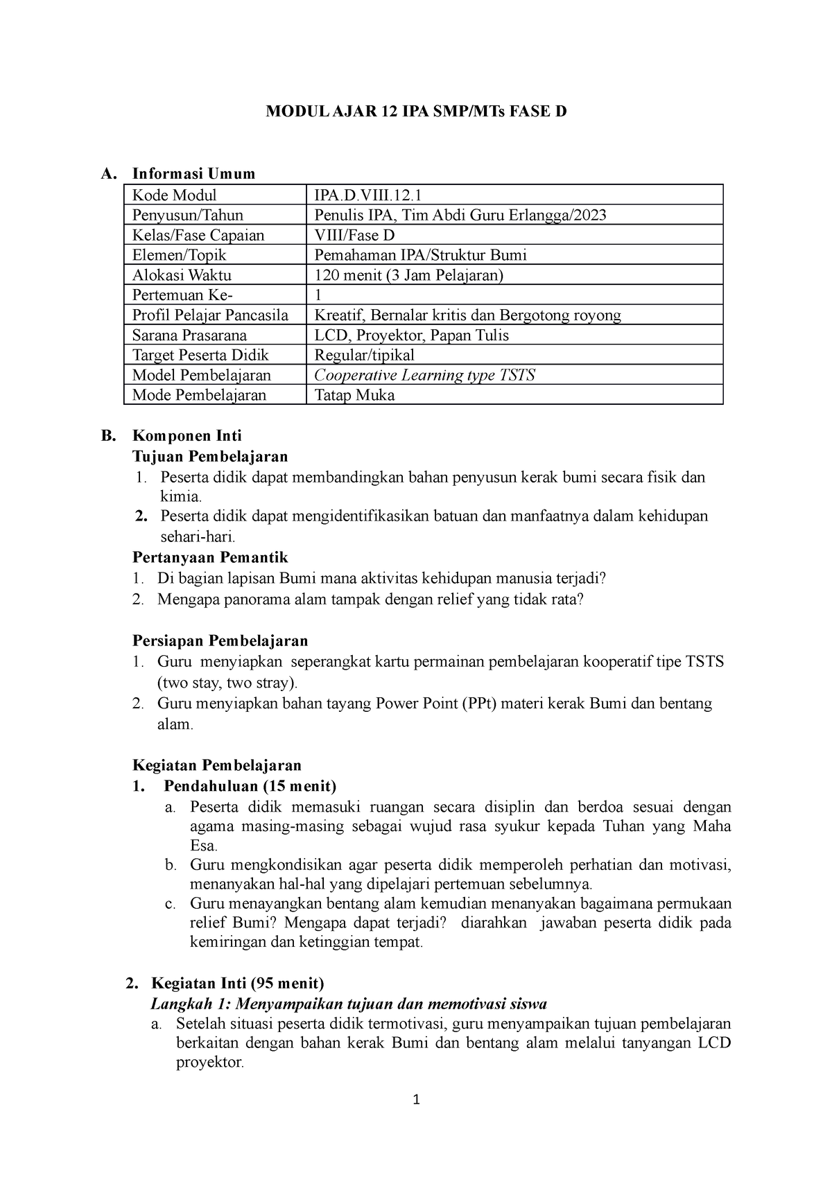 Kelas 8 MOdul Ajar - MODUL AJAR 12 IPA SMP/MTs FASE D A. Informasi Umum ...