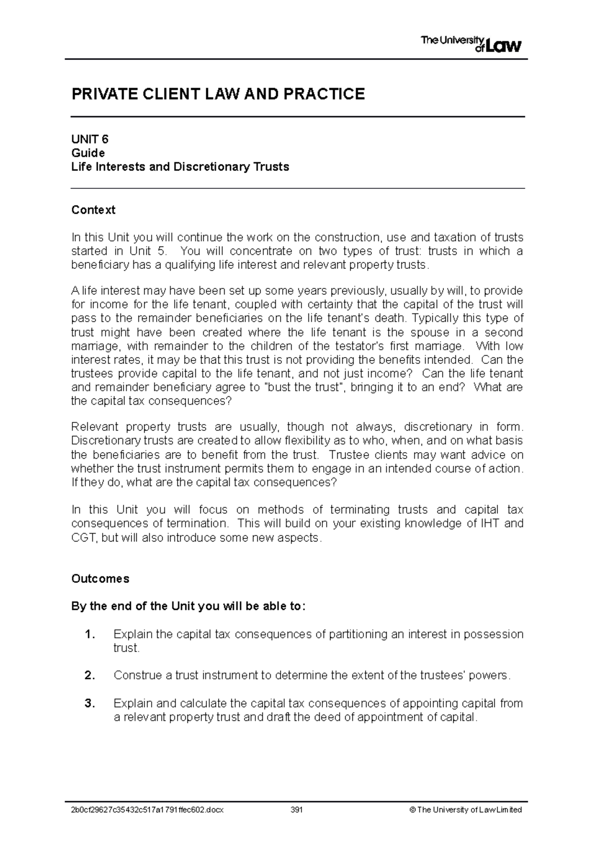 Workshop 6 - PRIVATE CLIENT LAW AND PRACTICE UNIT 6 Guide Life ...